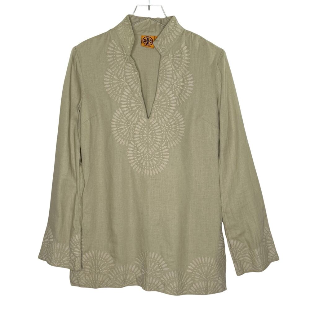 Tory Burch 100% Linen Tunic Top 6 Embroidered Mandarin Collar Natural *flaw